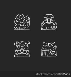 Global warming chalk white icons set on black background. Forest fires that kill lots of animals. Huge people amount increasing process. Lot of human trash. Isolated vector chalkboard illustrations. Global warming chalk white icons set on black background