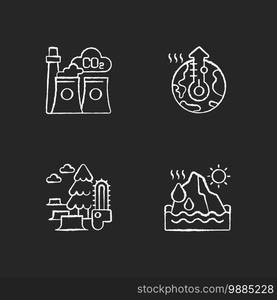 Global warming chalk white icons set on black background. Air pollution because of factory emissions. Deforestation issue. Melting glaciers and icebergs. Isolated vector chalkboard illustrations. Global warming chalk white icons set on black background