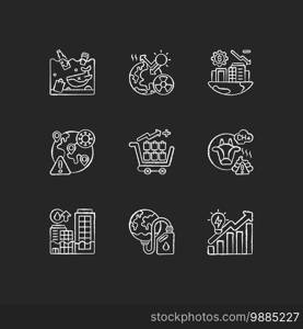 Global warming chalk white icons set on black background. Air pollution with chemical dust. Damaging by reducing resources. Melting glaciers and icebergs. Isolated vector chalkboard illustrations. Global warming chalk white icons set on black background