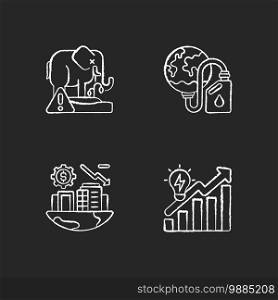 Global warming chalk white icons set on black background. Biological resources depletion. Biosphere extinction of different plants and animals. Isolated vector chalkboard illustrations. Global warming chalk white icons set on black background