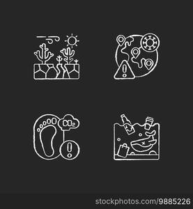 Global warming chalk white icons set on black background. Climate changing because of human lifestyle. Dangerous pandemic problem. Greenhouse footprint. Isolated vector chalkboard illustrations. Global warming chalk white icons set on black background