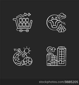Global warming chalk white icons set on black background. Farming livestock damaging earth atmosphere. Radiative forcing income. Rising seas levels. Isolated vector chalkboard illustrations. Global warming chalk white icons set on black background