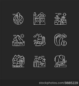 Global warming chalk white icons set on black background. Green gas emission. Killing huge animal and plants ecosystems. Damaging planet climate. Isolated vector chalkboard illustrations. Global warming chalk white icons set on black background