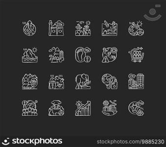 Global warming chalk white icons set on black background. Making climate change. Humanity problems solving. Planet damaging with reducing life resources. Isolated vector chalkboard illustrations. Global warming chalk white icons set on black background