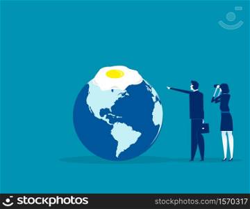 Global warming. Concept business vector illustration, Egg frying , Planet earth, Looking.