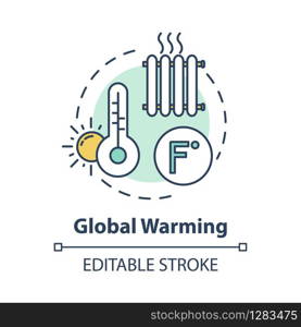 Global warming concept icon. Heat wave. High temperature. Industrial damage. Ozone depletion. Climate change idea thin line illustration. Vector isolated outline RGB color drawing. Editable stroke