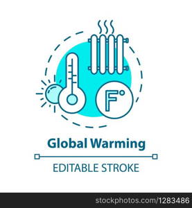 Global warming concept icon. Heat wave. High temperature. Industrial damage. Ozone depletion. Climate change idea thin line illustration. Vector isolated outline RGB color drawing. Editable stroke