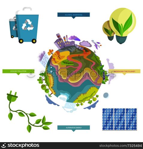 Global warming, ecology pollution, alternative energy and greening planet. Problems and their solutions vector illustration.. Ecology Problems and Real Solutions Illustration