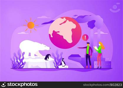 Global warming, environment pollution, global heating impact concept. Vector isolated concept illustration with tiny people and floral elements. Hero image for website.. Global warming concept vector illustration.