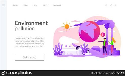 Global warming, environment pollution, global heating impact concept. Website homepage interface UI template. Landing web page with infographic concept hero header image.. Global warming landing page template.