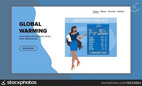 Global Warming Natural Disaster Problem Vector. Global Warming Breaking News Broadcasting Young Woman Reporter. Character Girl, Ecology And Climate Dangerous Catastrophe Web Flat Cartoon Illustration. Global Warming Natural Disaster Problem Vector