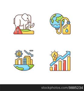Global warming RGB color icons set. Biological resources depletion. Biosphere extinction of different plants and animals. Isolated vector illustrations. Global warming RGB color icons set