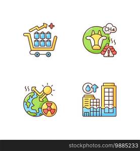 Global warming RGB color icons set. Farming livestock damaging earth atmosphere. Radiative forcing income. Rising seas levels. Isolated vector illustrations. Global warming RGB color icons set