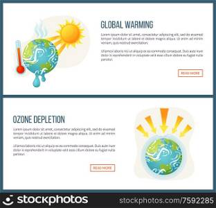 Global warming vector, environmental problems and issues on planet, sunshine and thermometer, ozone depletion, heat and arrows attack set. Website landing page flat style. Concept for Earth day. Global Warming and Ozone Depletion Websites Set