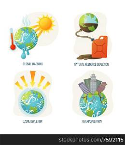 Global warming vector, ozone layer corruption, overpopulation planet with skyscrapers growing and rooting, natural resource depletion problems and issues. Concept for Earth day. Global Warming and Natural Resource Depletion