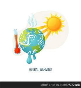Global warming vector, planet with vapors and melting ground surface, thermometer with scale showing red color, sunshine and heat of sun ecology poster. Concept for Earth day. Global Warming Earth with Sunshine and Thermometer