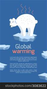 Global warming. Vertical card with cartoon doodle illustration of sad polar bear on melting cracked ice. World problem. The threat of extinction of rare animals. Vector template for banner, articles. Global warming. Vertical card with cartoon doodle illustration of sad polar bear on melting cracked ice. World problem. The threat of extinction of rare animals. Vector template