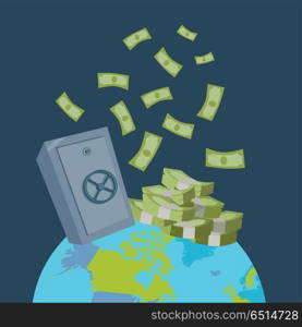 Global Wealth Vector Illustration Flat Design.. Worlds largest wealth concept vector. Pile of banknotes and safe on top of the planet in flat style design. Safety international money transfers. Illustration for credit, savings, payment services.