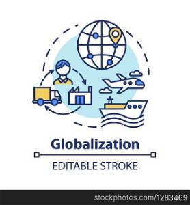 Globalization concept icon. International economy. Global distribution. Market expansion. Worldwide commerce idea thin line illustration. Vector isolated outline RGB color drawing. Editable stroke