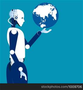 Globalization era. Globe in the robotic hand. Concept robot and automation vector illustration.