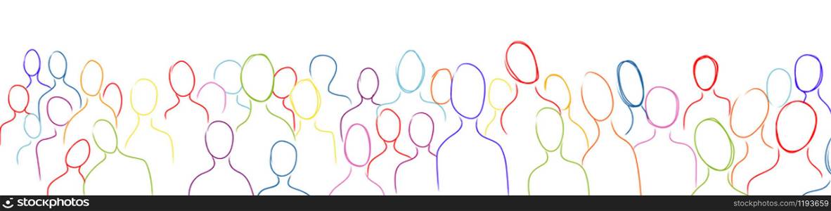 Globalization. Multicultural population. Crowd silhouettes of people with colorful stroke. Many multiethnic people who communicate and share ideas. Confusion and disorganization. Immigration