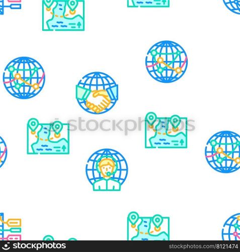Globalization Worldwide Business Vector Seamless Pattern Color Line Illustration. Globalization Worldwide Business Icons Set Vector