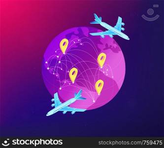 Globe and air cargo trucking and plane logistics network. Global transportation system, worldwide logistics, worldwide delivery service concept. Ultraviolet neon vector isometric 3D illustration.. Global transportation system isometric 3D concept illustration.