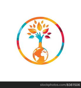 Globe and hand tree vector logo design. Ecology and sustainable concept. 