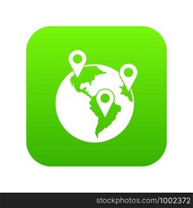 Globe and map pointers icon digital green for any design isolated on white vector illustration. Globe and map pointers icon digital green