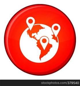 Globe and map pointers icon in red circle isolated on white background vector illustration. Globe and map pointers icon, flat style