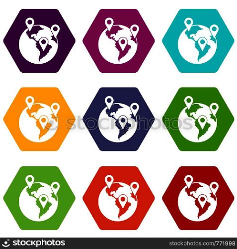 Globe and map pointers icon set many color hexahedron isolated on white vector illustration. Globe and map pointers icon set color hexahedron