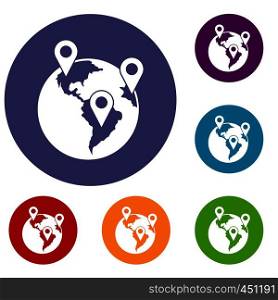 Globe and map pointers icons set in flat circle reb, blue and green color for web. Globe and map pointers icons set