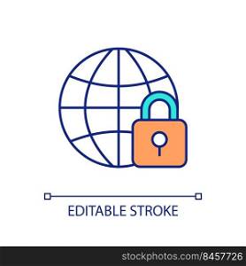 Globe and padlock RGB color icon. Secure internet connection. Safe websites surfing. Global network. Isolated vector illustration. Simple filled line drawing. Editable stroke. Arial font used. Globe and padlock RGB color icon