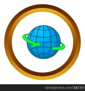 Globe and round the world arrow symbol vector icon in golden circle, cartoon style isolated on white background. Globe and round the world arrow symbol vector icon