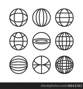 Globe black line icons pack isolated on white. Earth sphere sign internet world collection. Simple globe network circle planet vector illustration