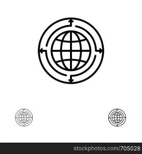 Globe, Business, Communication, Connection, Global, World Bold and thin black line icon set