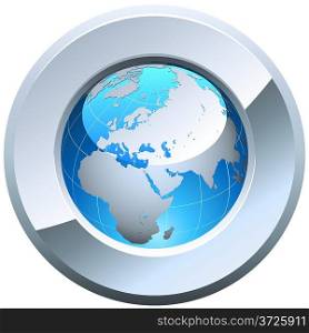 Globe button rimmed with metal glossy frame isolated on white.