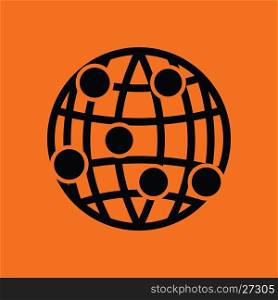 Globe connection point icon. Orange background with black. Vector illustration.