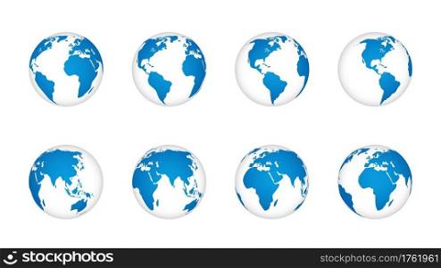 Globe earth 3d. World map realistic globes, blue continents and white oceans. Planet in space with cartography texture various angle view, geography isolated element vector travel or communication set. Globe earth 3d. World map realistic globes, blue continents and white oceans. Planet with cartography texture various angle view, geography isolated element vector travel or communication set