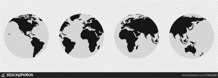 Globe earth collection. World map vector icon set. Transparent background.