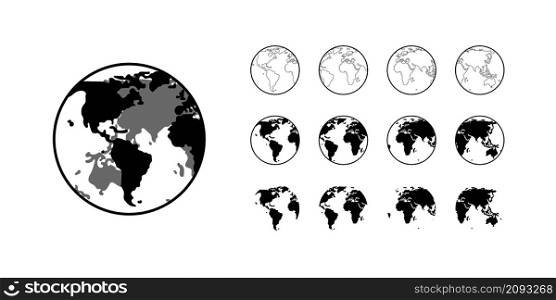 Globe Earth doodle vector icon set. Globus world planet map black flat hand drawn in different types.