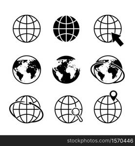 Globe earth icons. World map icon. Global communication simple logo. Geography location in tourism travel symbol. Arrow around globe with europe, australia, asia. Global network internet icon. vector. Globe earth icons. World map icon. Global communication simple logo. Geography location in tourism travel symbol. Arrow around globe with europe, australia, asia. Global network internet icon. vector.