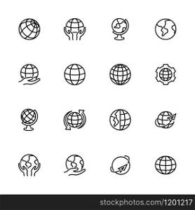 Globe, earth or world line icon set. Editable stroke vector. Pixel perfect. Isolated at white background. Easy to edit. Easy to crop.