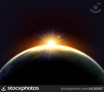 Globe Earth Sunlight Dark Background Poster . Planet earth cosmic night view with sunshine light on the globe surface astronomic realistic poster vector illustration