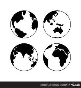 Globe Earth vector black icons set, vector globe signs isolated on white. Globe icons for web and applications. Travel concept. Globe icons for geography. Globe Earth icons set, vector signs isolated on white