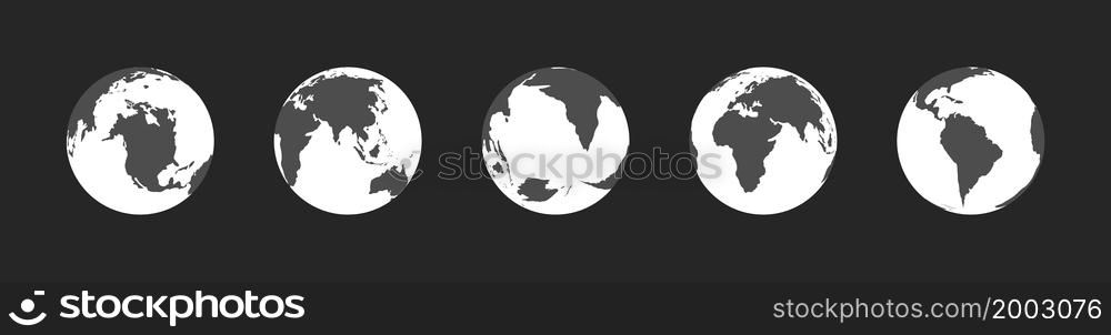 Globe earth with map world. White icons on black background. Planets with europe, america, africa, asia, australia continents. Global spheres. 3d graphic silhouettes. Set of earth for travel. Vector.. Globe earth with map world. White icons on black background. Planets with europe, america, africa, asia, australia continents. Global spheres. 3d graphic silhouettes. Set of earth for travel. Vector