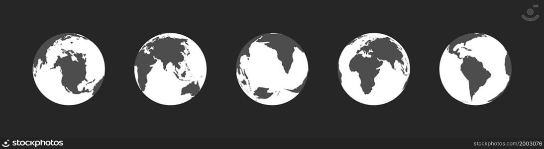 Globe earth with map world. White icons on black background. Planets with europe, america, africa, asia, australia continents. Global spheres. 3d graphic silhouettes. Set of earth for travel. Vector.. Globe earth with map world. White icons on black background. Planets with europe, america, africa, asia, australia continents. Global spheres. 3d graphic silhouettes. Set of earth for travel. Vector