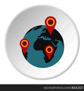 Globe earth with pointer marks icon in flat circle isolated vector illustration for web. Globe earth with pointer marks icon circle
