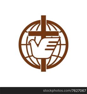 Globe, holy spirit bird and cross isolated religion symbol. Vector dove and crucifix, earth icon. Cross, holy dove bird and globe isolated icon