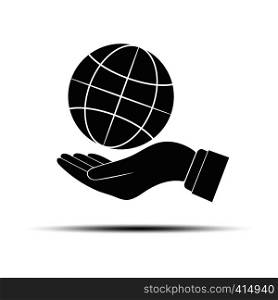Globe icon above the outstretched palm. Flat design style